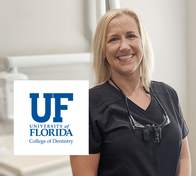 Doctor Lacquaniti smiling next to University of Florida College of Dentistry logo
